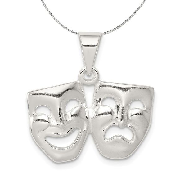 Sterling Silver Polished Comedy and Tragedy Mask Necklace - 16 inch